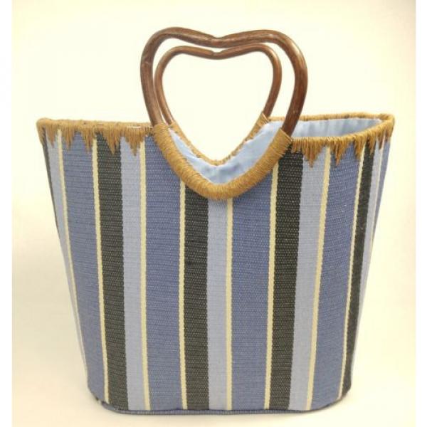 Blue Stripe Beach Tote Bag Bamboo Handles Lined Medium Size #1 image