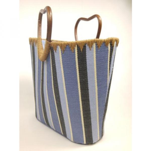 Blue Stripe Beach Tote Bag Bamboo Handles Lined Medium Size #2 image