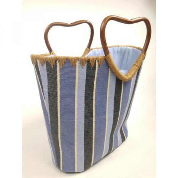 Blue Stripe Beach Tote Bag Bamboo Handles Lined Medium Size #3 image