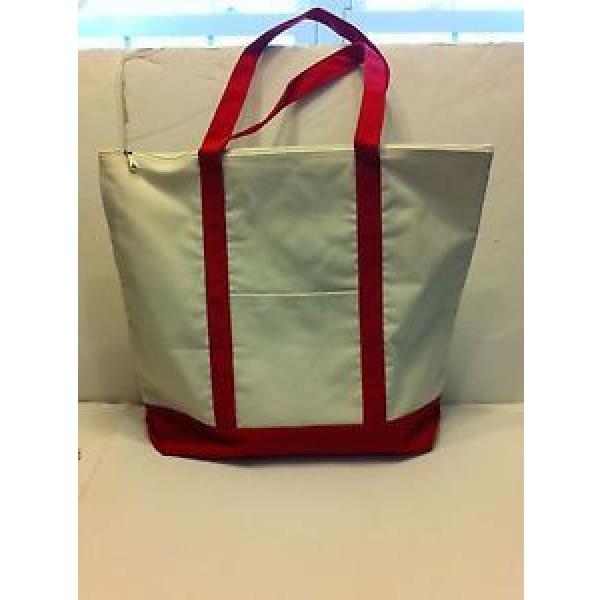LARGE zippered CANVAS beach cotton natural tote bag pocket RED trim NEW #1 image