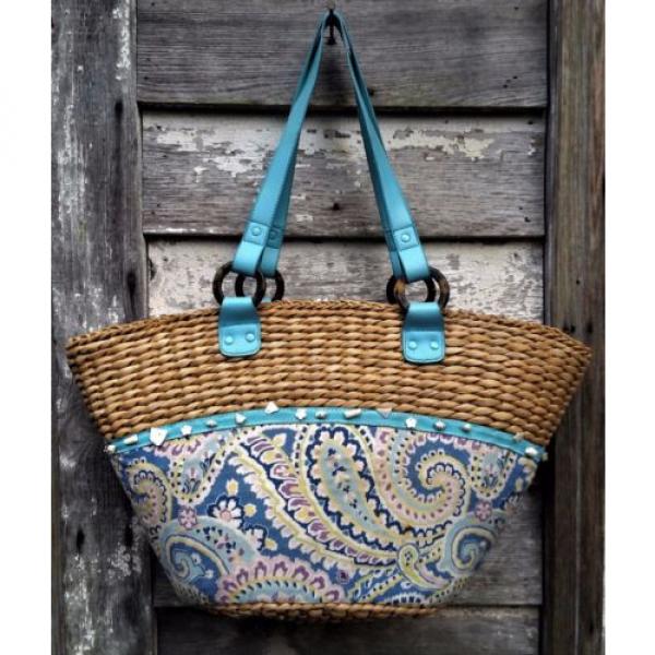 VERA BRADLEY BLUE &amp; TURQUOISE Paisley Straw BEACH Resort TOTE SHOULDER Bag XL #2 image
