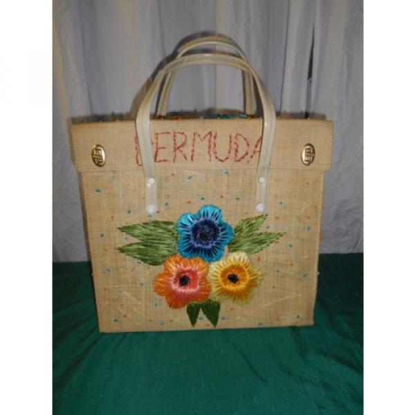 EXC vtg lrge BERMUDA straw floral beach shopping bag tote metal feet &amp; frame 185 #1 image