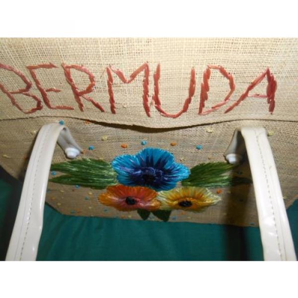 EXC vtg lrge BERMUDA straw floral beach shopping bag tote metal feet &amp; frame 185 #2 image