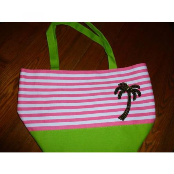 QUACKER FACTORY TOTE BEACH BAG LIME &amp; PINK  STRIPE LIME SEQUINS PALM TREE #1 image