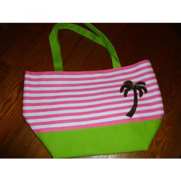 QUACKER FACTORY TOTE BEACH BAG LIME &amp; PINK  STRIPE LIME SEQUINS PALM TREE #2 image