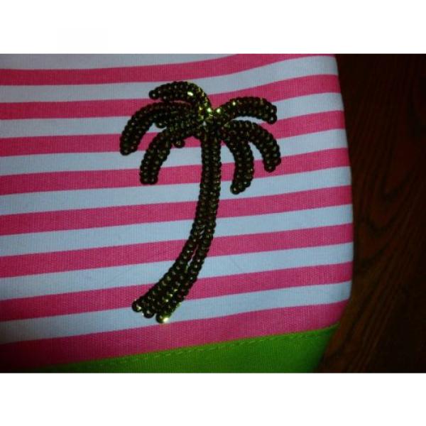 QUACKER FACTORY TOTE BEACH BAG LIME &amp; PINK  STRIPE LIME SEQUINS PALM TREE #3 image