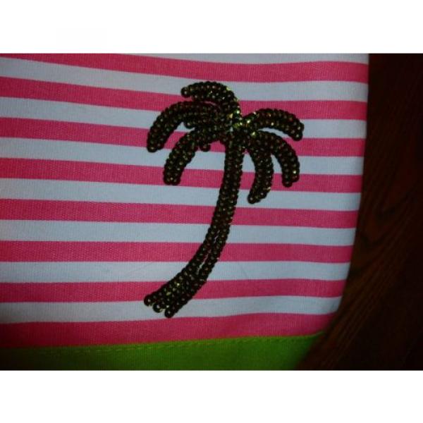 QUACKER FACTORY TOTE BEACH BAG LIME &amp; PINK  STRIPE LIME SEQUINS PALM TREE #4 image