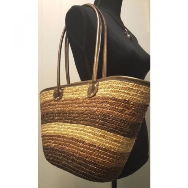 Straw Stripe Beach Shoulder Tote Purse Bag ~ Brown &amp; Natural ~ Bronze Handles #1 image