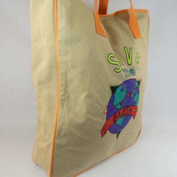 Vtg 90&#039;s &#034;SAVE THE EARTH&#034; Large Canvas Shopper Tote Beach Bag Carry All #4 image