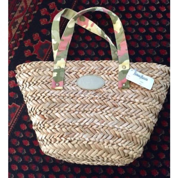 NEIMAN MARCUS Medium Tote Summer Beach Basket Bag Pink Camouflage Straps #1 image