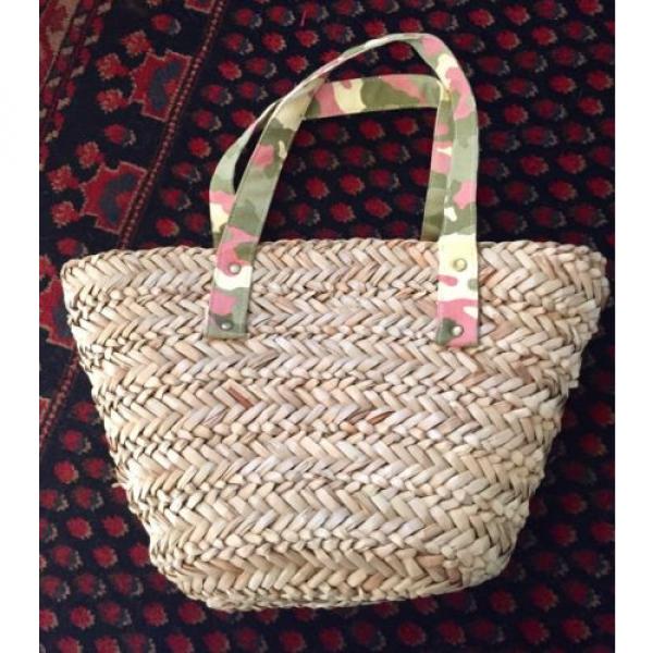 NEIMAN MARCUS Medium Tote Summer Beach Basket Bag Pink Camouflage Straps #2 image