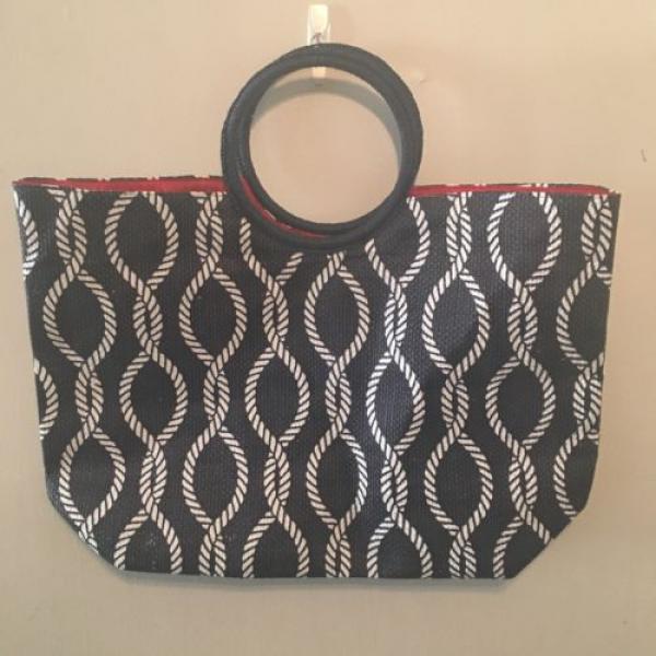 VTG: Navy Blue and White Pattern Print Straw Weave Beach Bag #2 image