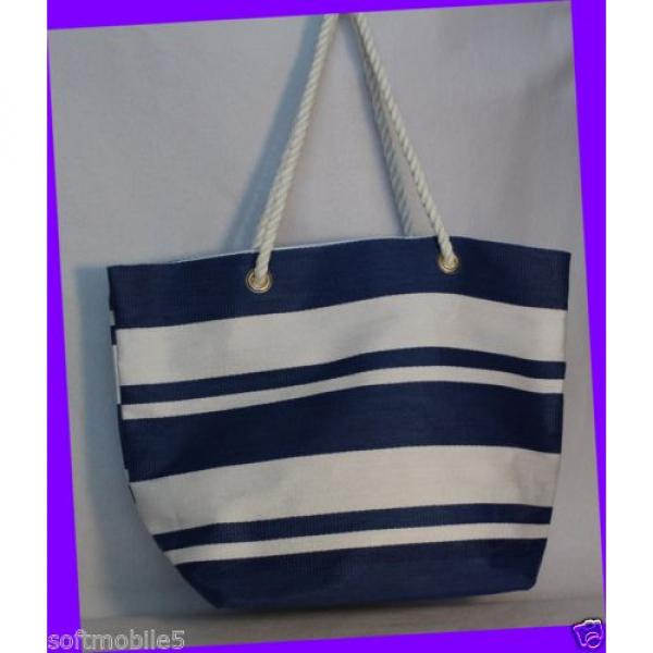 Victoria&#039;s Secret Striped BLUE &amp; WHITE Canvas Beach Tote Bag w/ Rope Handles #3 image