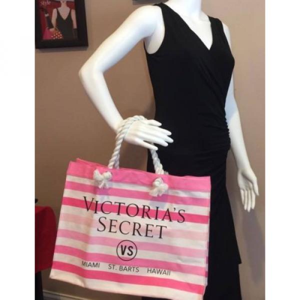 NEW Victoria Secret LARGE Tote Beach Bag Pink White  Striped Rope Handle #1 image