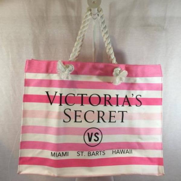 NEW Victoria Secret LARGE Tote Beach Bag Pink White  Striped Rope Handle #2 image