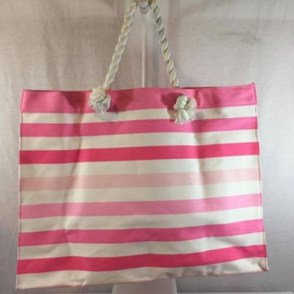 NEW Victoria Secret LARGE Tote Beach Bag Pink White  Striped Rope Handle #4 image