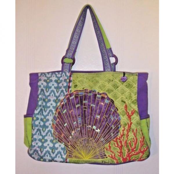 Paul Brent Tote Beach Bag Large Canvas Sequins Scallop Shells Coral Multi Color #1 image