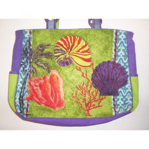 Paul Brent Tote Beach Bag Large Canvas Sequins Scallop Shells Coral Multi Color #3 image