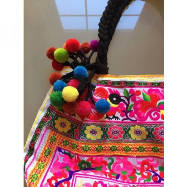 NWOT Floral Birds Embroidered And Pom Pom Boho Chic Resort Beach Bag Handbag #3 image