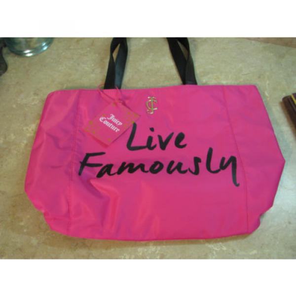 New JUICY COUTURE Hot Pink Satin LIVE FAMOUSLY BEACH TOTE BAG Shopper BLACK TRIM #1 image