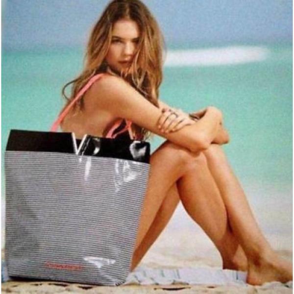 Victoria’s Secret St.Barth&#039;s Black White Stripes Pink Handle Beach Tote Bag #1 image