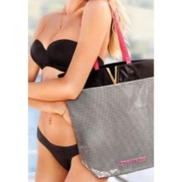 Victoria’s Secret St.Barth&#039;s Black White Stripes Pink Handle Beach Tote Bag #2 image
