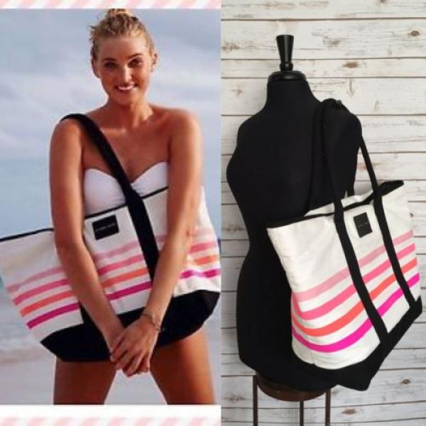 VICTORIAS SECRET Sunkissed Pink White Striped Tote Beach Large Bag #3 image