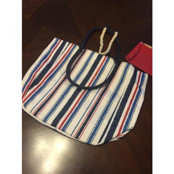 NEW Red White Blue Striped Beach Bag With Bonus Red Coin Purse #3 image