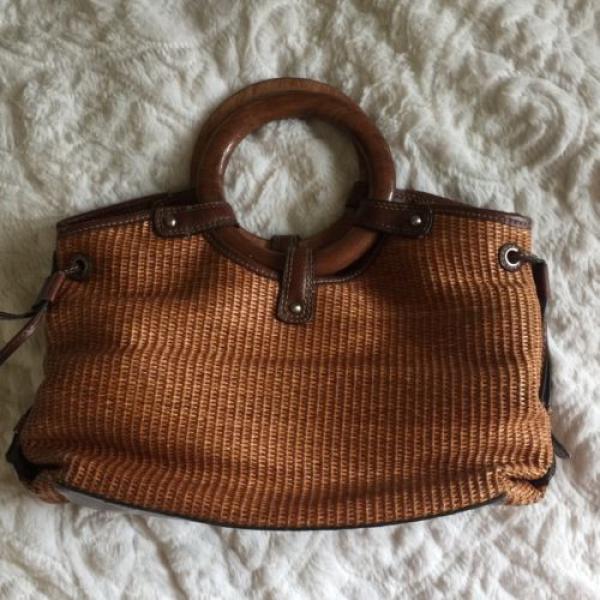 Fossil Brown Fabric Weave Leather Trim Tote Summer Beach Bag Purse #1 image