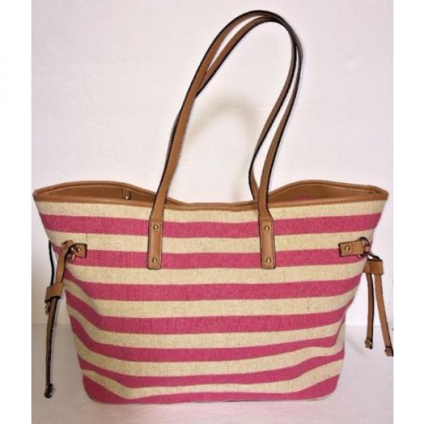 APT 9 Pink and Khaki Striped Linen Summer Beach Bag Shoulder Bag Tote NWOT #1 image