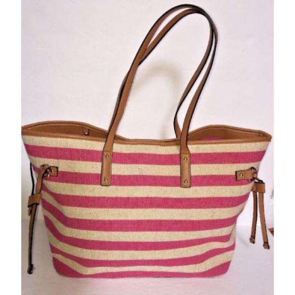 APT 9 Pink and Khaki Striped Linen Summer Beach Bag Shoulder Bag Tote NWOT #2 image