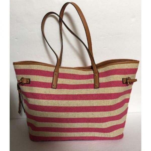 APT 9 Pink and Khaki Striped Linen Summer Beach Bag Shoulder Bag Tote NWOT #4 image