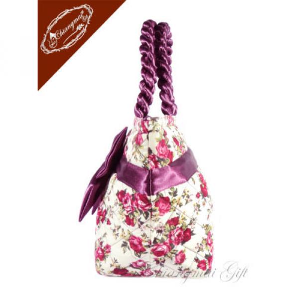 New Beach Bag Zipper Medium Bow Fabric Purple Rose Printed Tote Purse Handbag #3 image