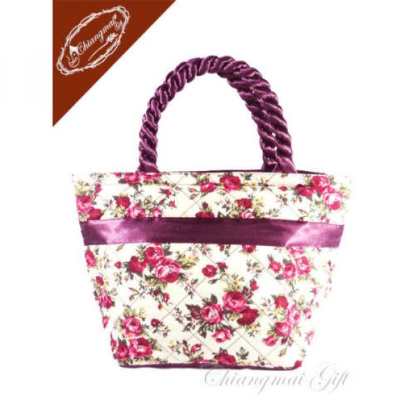New Beach Bag Zipper Medium Bow Fabric Purple Rose Printed Tote Purse Handbag #4 image