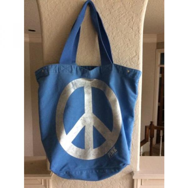 Victoria&#039;s Secret PINK Large Blue Silver Tote Bag Peace Sign Beach Bag #1 image