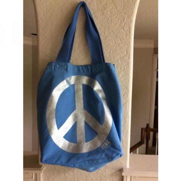 Victoria&#039;s Secret PINK Large Blue Silver Tote Bag Peace Sign Beach Bag #2 image