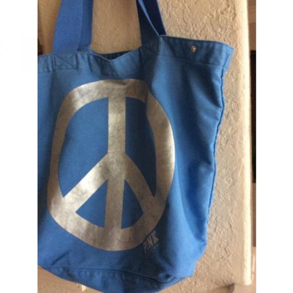 Victoria&#039;s Secret PINK Large Blue Silver Tote Bag Peace Sign Beach Bag #4 image