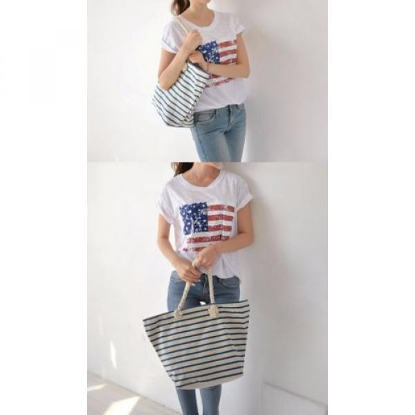 Marine Stripe Canvas Shopper Beach Shoulder Tote Bag Handbag Large Casual Women #4 image