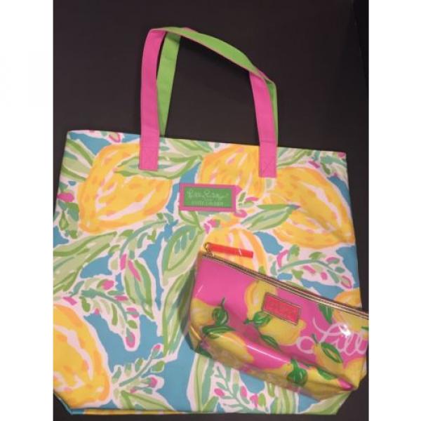 Lilly Pulitzer For Estee Lauder Pink Yellow Lemon Pattern Beach Tote Makeup Bag #1 image