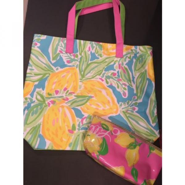 Lilly Pulitzer For Estee Lauder Pink Yellow Lemon Pattern Beach Tote Makeup Bag #4 image