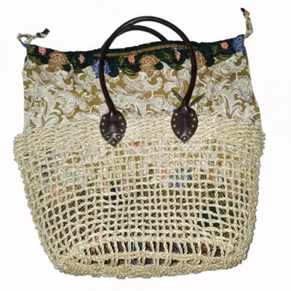 SKEMO - BEACH BAG/PURSE - Wicker, Braided, Floral Lining, Leather Handles NWOT #4 image