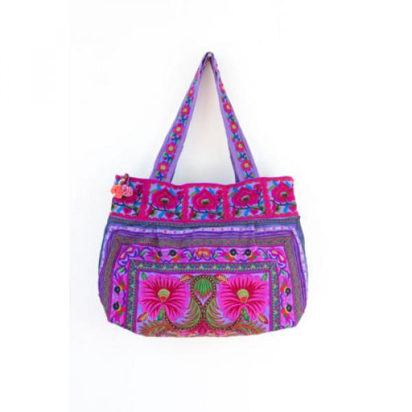 Beautiful Flower Boho Beach Tote Bag Thai Hmong Embroidered Fabric in Purple #1 image