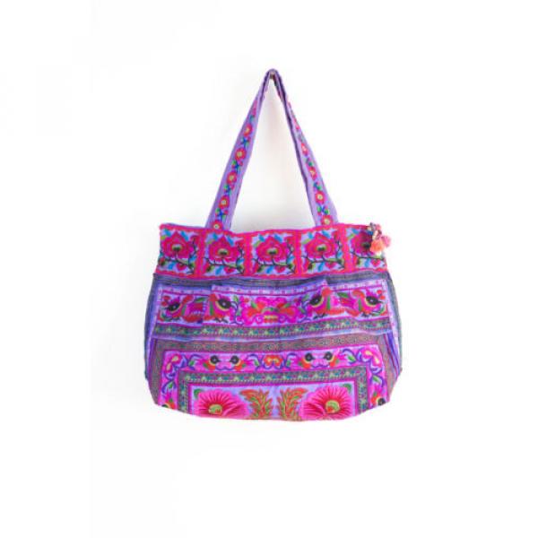 Beautiful Flower Boho Beach Tote Bag Thai Hmong Embroidered Fabric in Purple #3 image