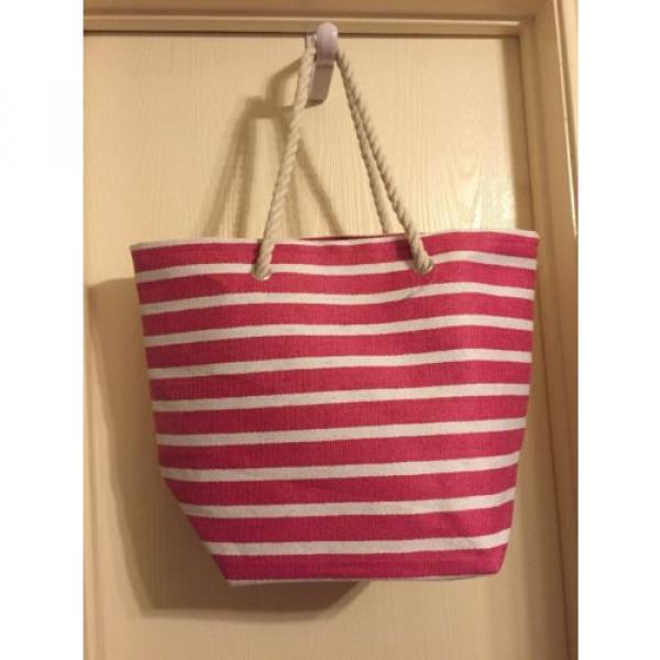 LG Pink &amp; White Striped Beach Bag With Rope Handles Bag NWOT #1 image