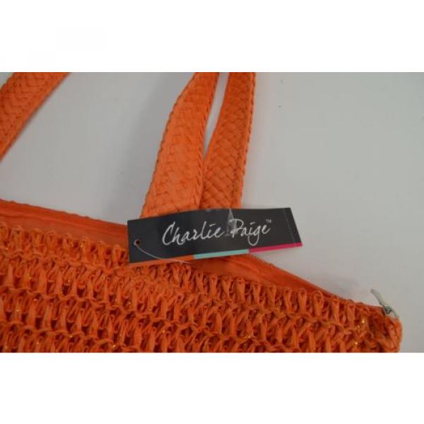 Charlie Page Orange Gold Glitter Weave Beach Tote Shopper Bag Pouch Set NEW #3 image