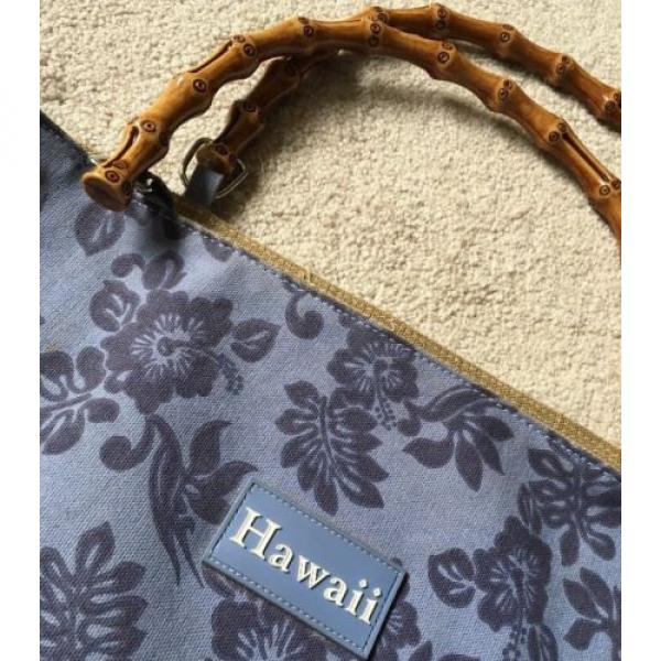 HAWAII ALOHA PRINT CANVAS PURSE HAND BAG BEACH TOTE Fx.Bamboo Handle Blue Floral #2 image