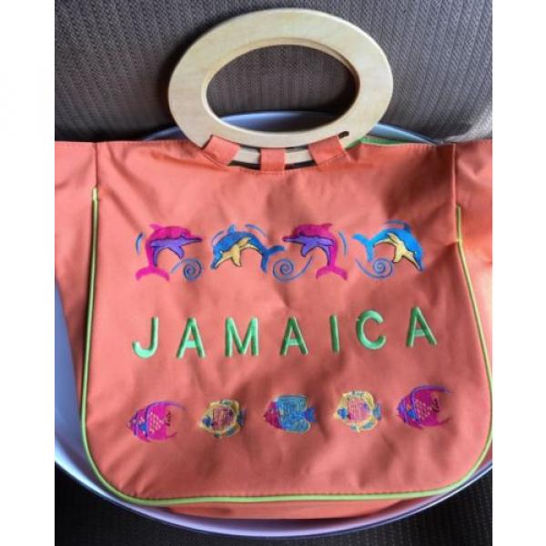 Orange Canvas Beach Bag Wooden Handles Embroidered Jamaica Dolphins EUC #1 image