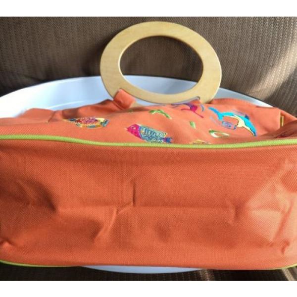 Orange Canvas Beach Bag Wooden Handles Embroidered Jamaica Dolphins EUC #5 image