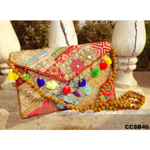 INDIAN BRIDAL CLUTCH BROWN EMBROIDERED PURSE DESIGNER COTTON BEACH BAG CCSB46 #1 image