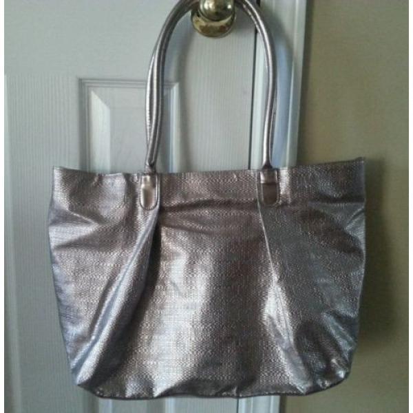 Nordstrom Beige Silver Metallic Tote Bag Beach Bag Handbag #1 image
